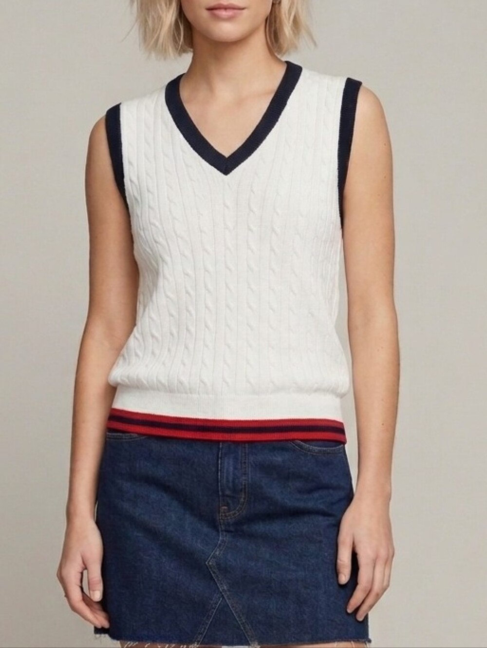 Supima Cotton Cable Knit Sweater Vest White Size Larg Preppy Heritage Old Money